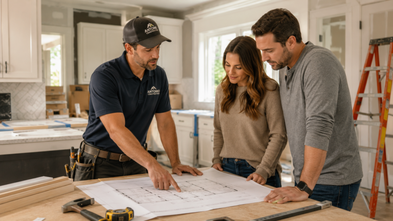 General contractor discussing home remodeling plans with homeowners during a renovation consultation