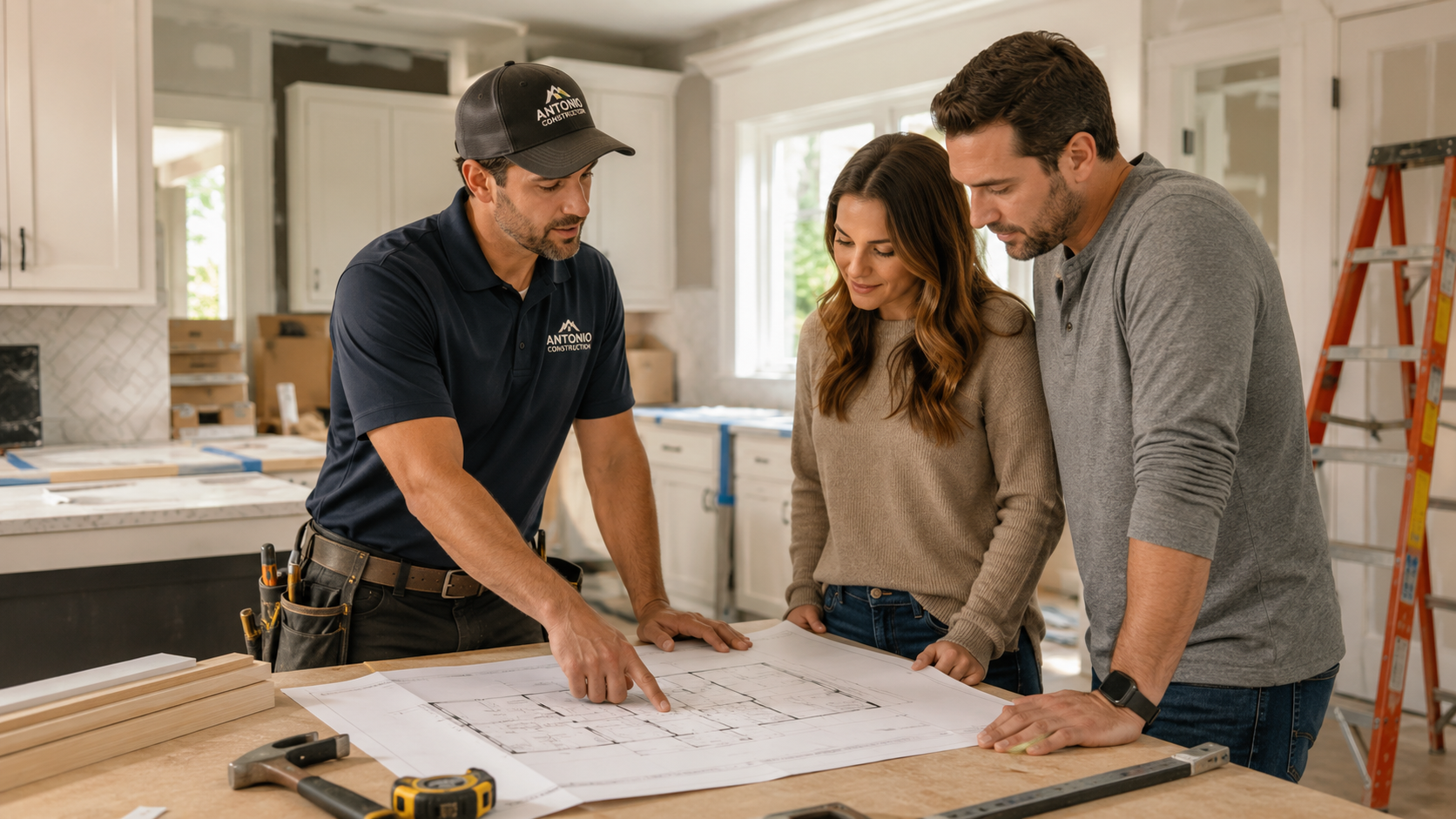 General contractor discussing home remodeling plans with homeowners during a renovation consultation