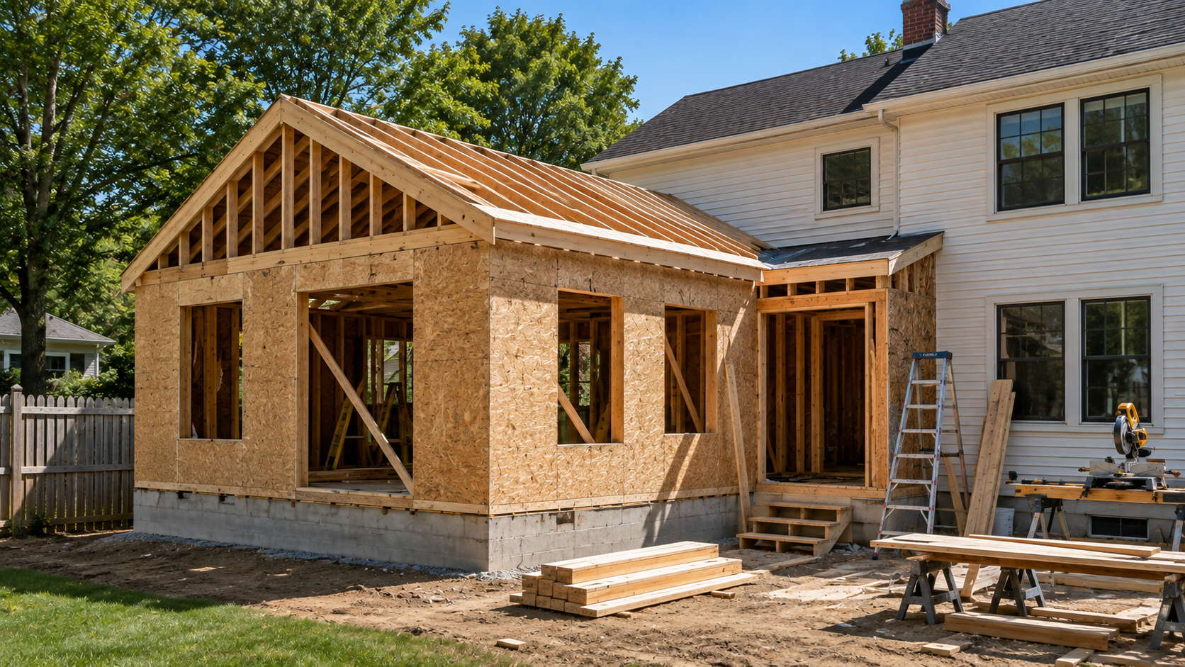 Home addition under construction in Westchester County with framing and exterior work in progress