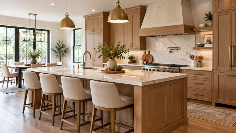 Modern kitchen remodeling in Westchester County with warm wood cabinets and natural materials