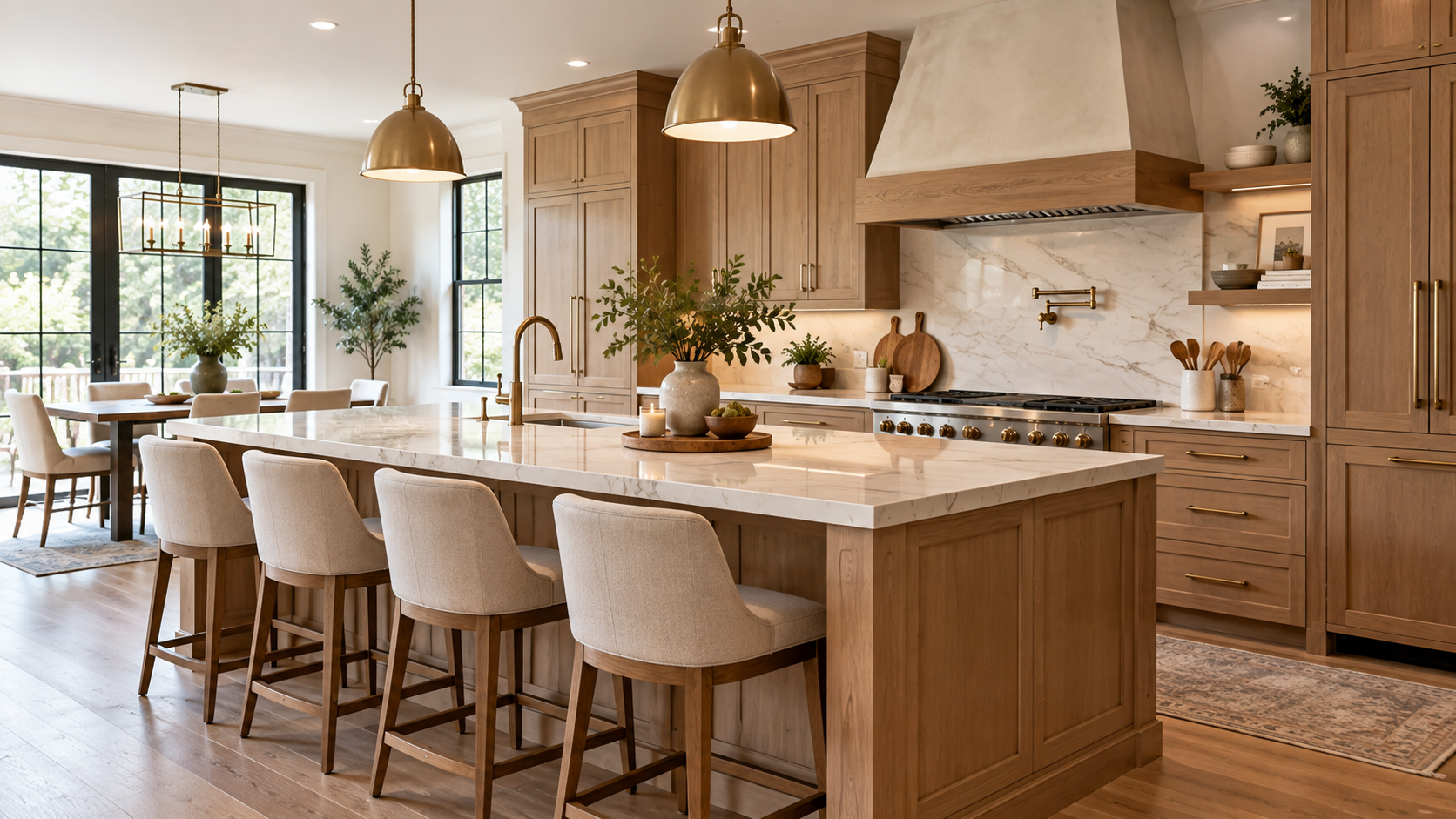 Modern kitchen remodeling in Westchester County with warm wood cabinets and natural materials